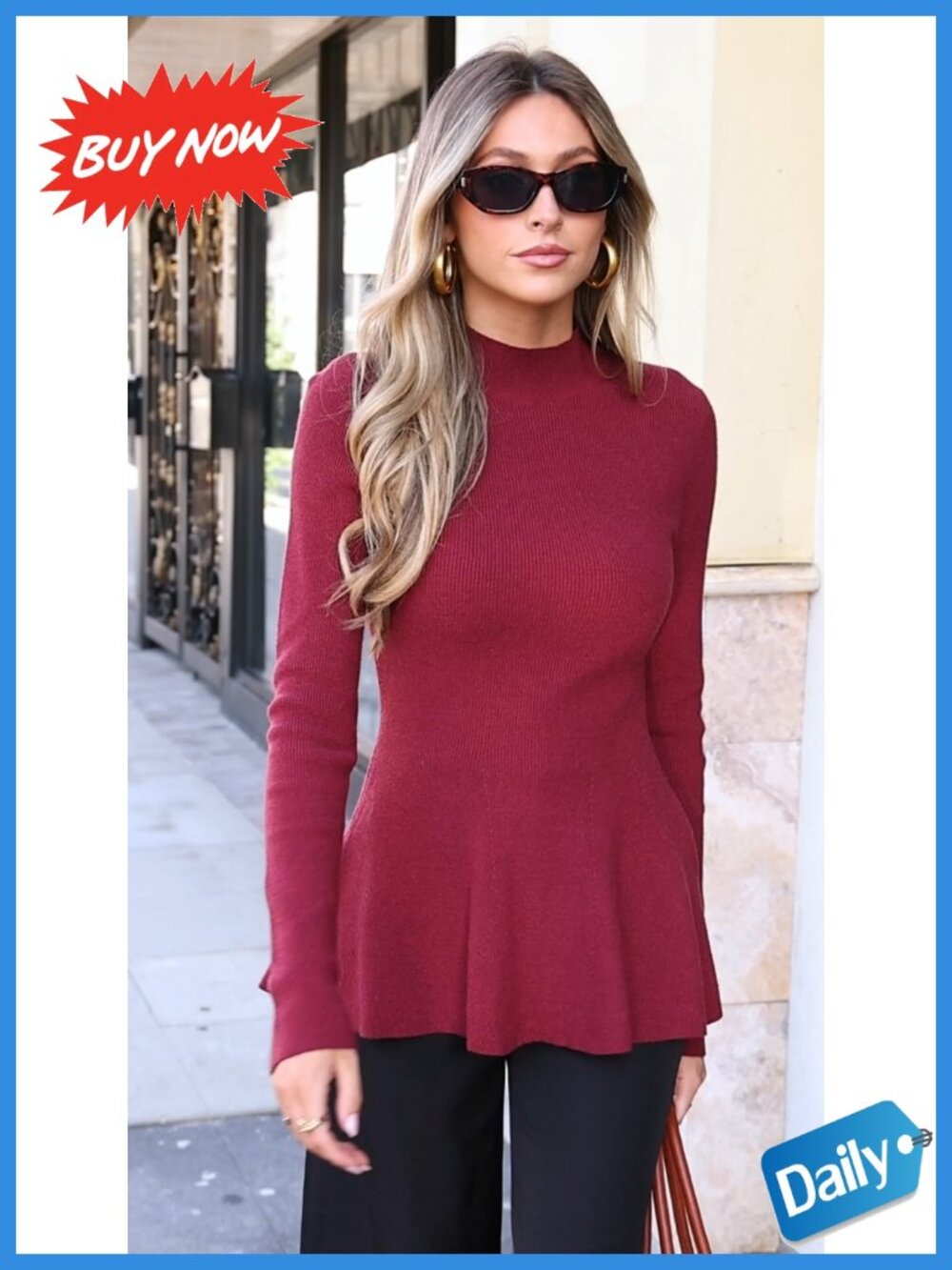 Women's Long Sleeve Peplum Sweater Ribbed Knit Ruffle Hem Pullover - Picture 5 of 6